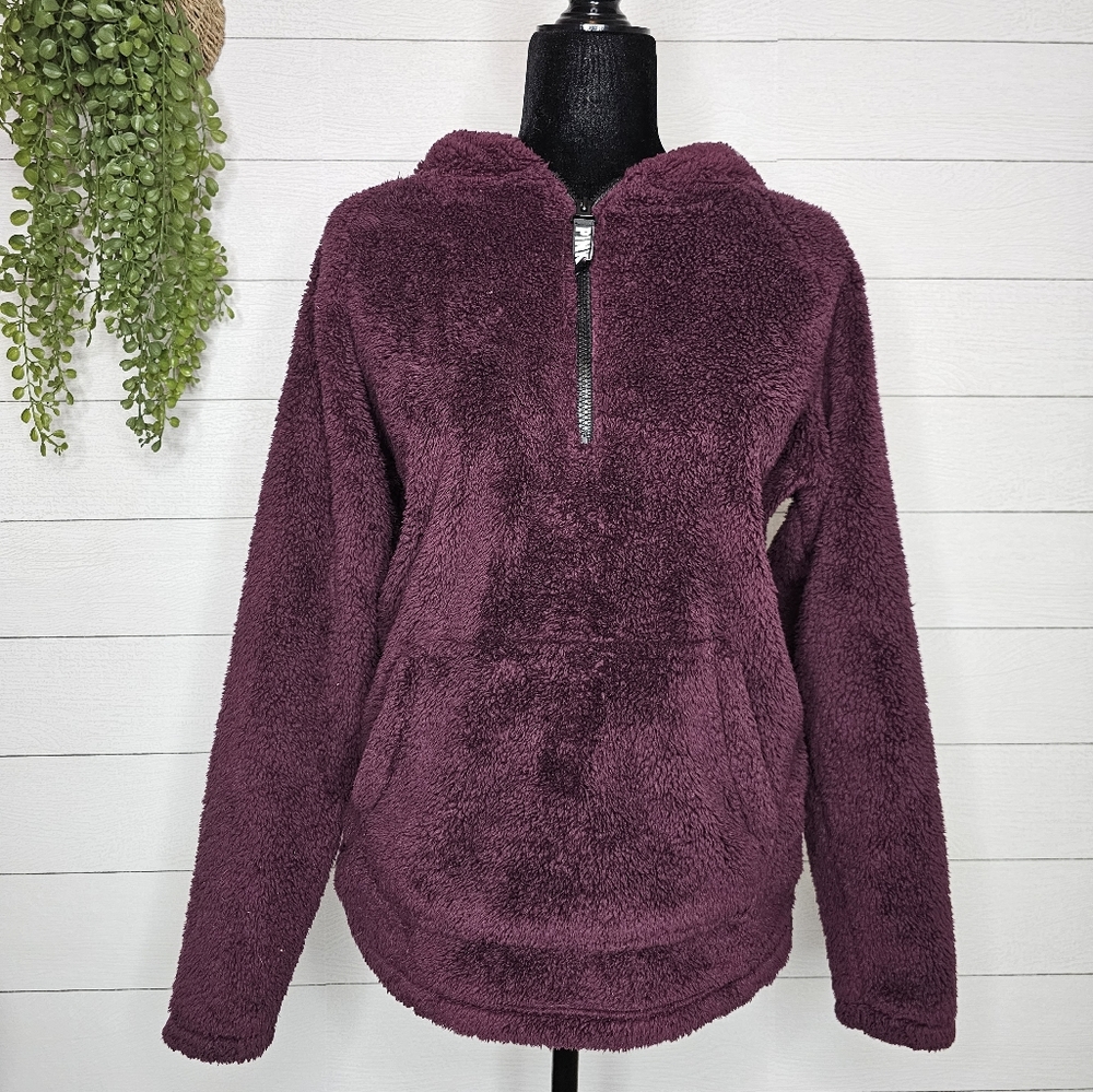 Victorias Secret PINK Purple Pullover Sweatshirt Hoodie Sherpa Fleece Small